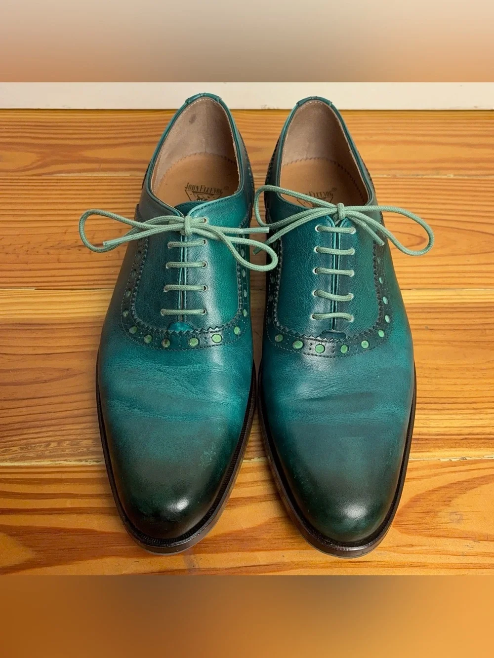 John Fluevog Granville Shoes Men's 8 Turquoise Leather Oxford Brogue Plain Toe - Picture 5 of 16